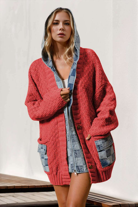 Full Size Hooded Denim Spliced Sweater Cardigan with pockets in red and denim accents.