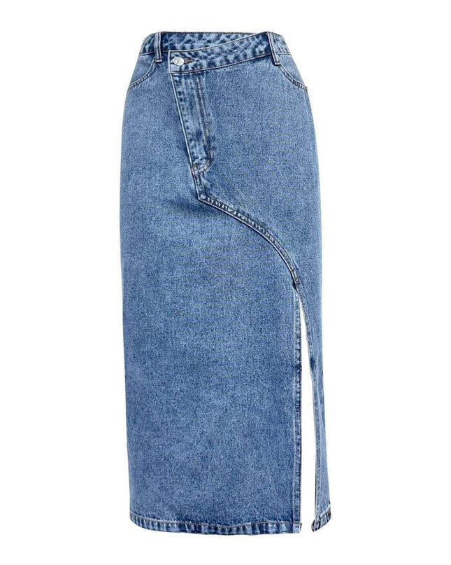 Slit Asymmetrical Waistband Midi Denim Skirt - Plush Fashion Shop #