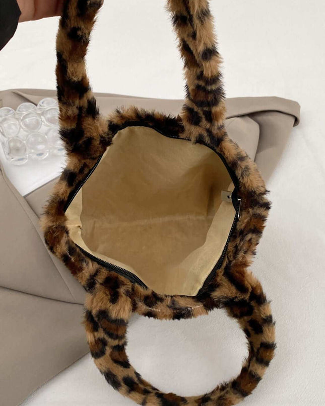 Leopard Fluff Handbag With Zip - Plush Fashion Shop #