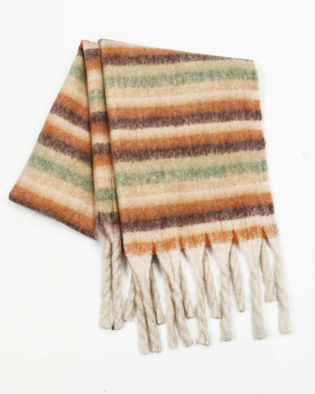 Fringe Contrast Striped Polyester Scarf - Plush Fashion Shop #