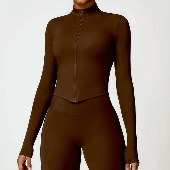 Tight long sleeve yoga wear in birch tea brown, nylon fabric, women's activewear.