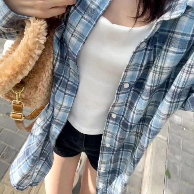 Fashionable Blue Plaid Shirt For Women - Plush Fashion Shop #