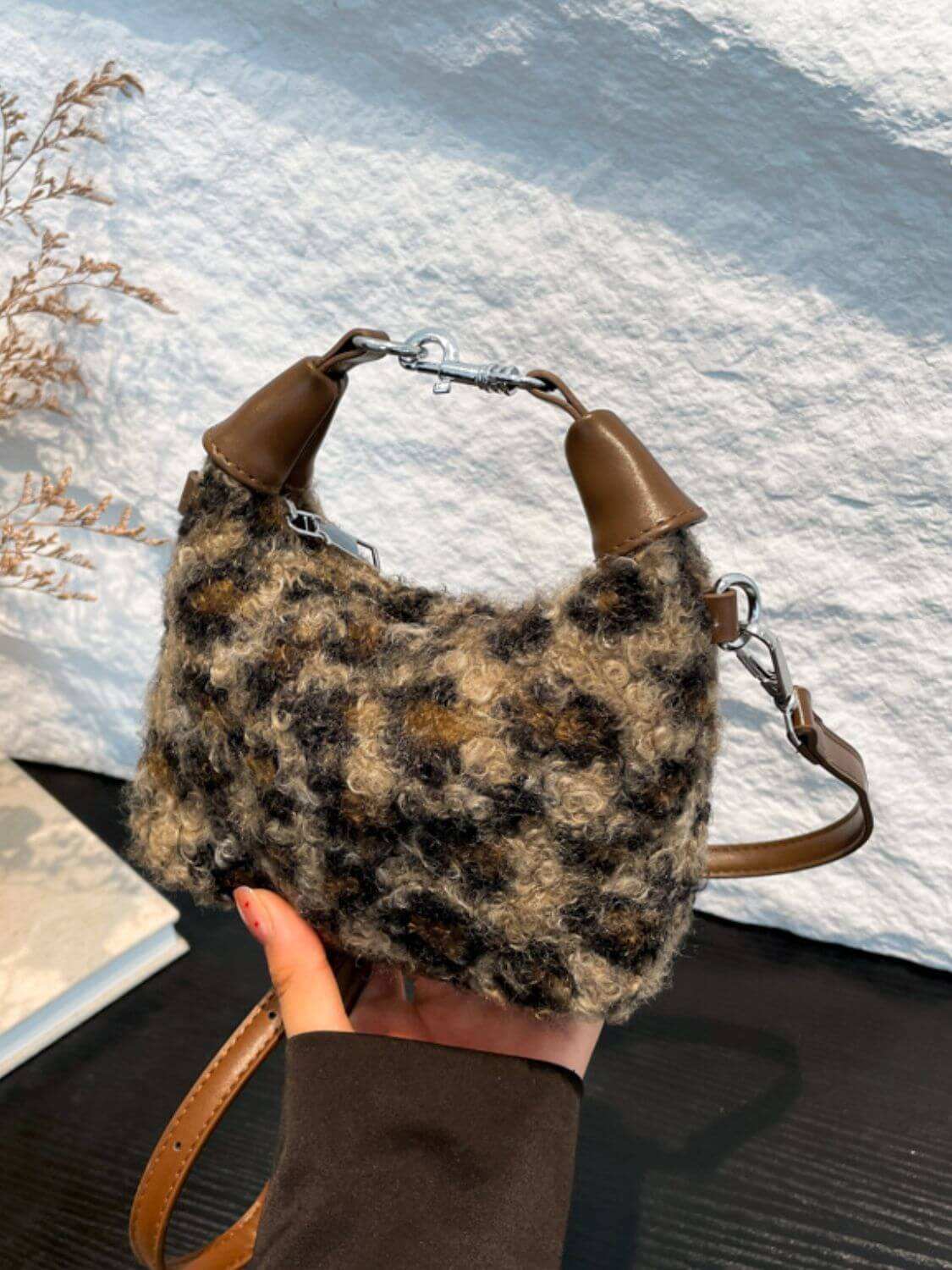 Fuzzy Polyester Mini Handbag with Zipper - Plush Fashion Shop #