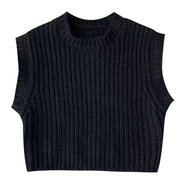 Children's thick stripe pullover sweater, sleeveless wool design, in dark color.