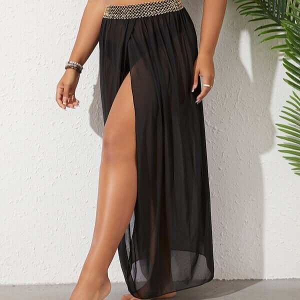 Women's plus size breathable mesh split beach skirt in black, sizes XL-5XL, perfect for beachwear.