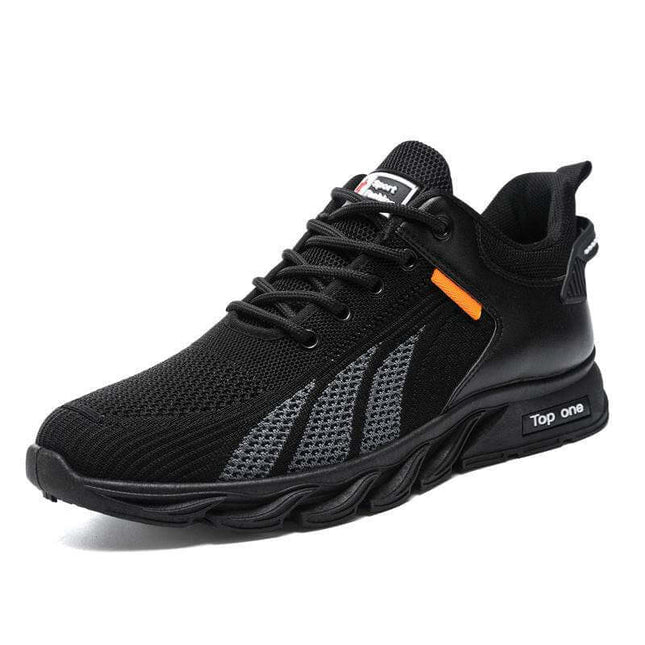 Men's Mesh Shoes in black with fly knit design and color-block accents, featuring lace-up closure for casual and sports wear.