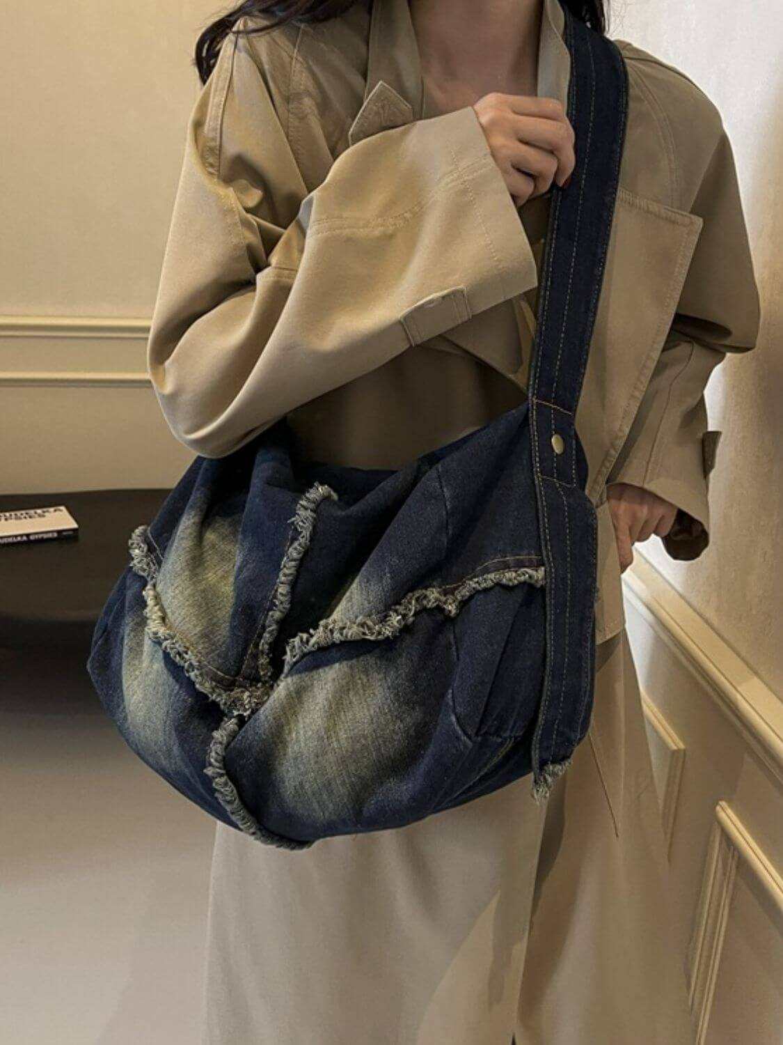 Raw Hem Gradient Crossbody Bag for women in denim fabric, large size, trendy design.