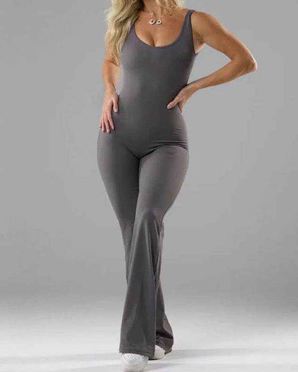 Slim Fit Hip Raise Backless Yoga Jumpsuit in gray, sexy workout wear.