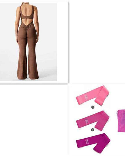 Backless slim fit hip raise jumpsuit in brown with matching resistance bands.