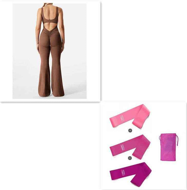 Backless slim fit hip raise jumpsuit in brown with matching resistance bands.