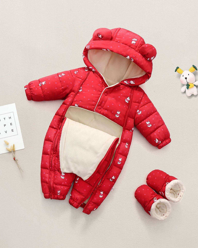 Boys' and Girls' padded thermal onesie in red with fun print, featuring hood and booties.