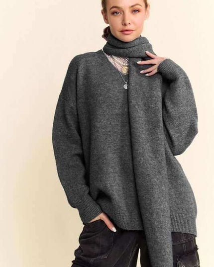 Davi & Dani V-Neck Dropped Shoulder Sweater with Scarf Set - Plush Fashion Shop #