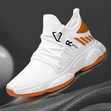  Men breathable mesh sports sneakers with white fly woven design and EVA sole.