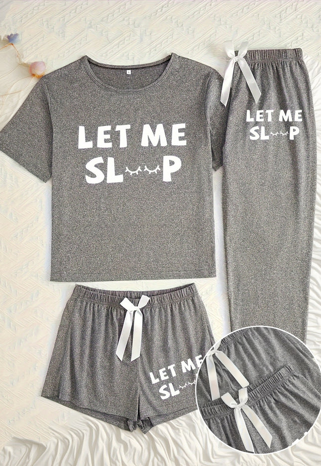 Simple Letter Print Women's Three Piece Pajamas Set