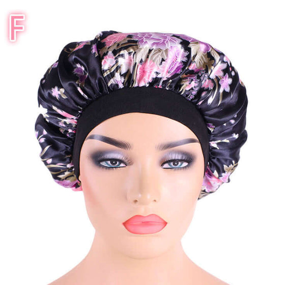 Beauty print Satin silk Bonnet sleep night cap with floral design on mannequin head