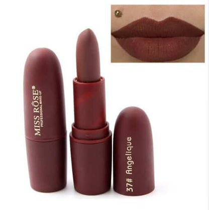 Matte moisturizing lipstick in deep brown shade, shown open with color swatch on lips.