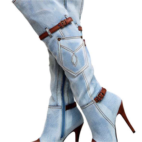 Women's plus size denim knee-high boots with high heels and leather stitching.