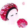 Beauty print Satin silk Bonnet sleep night cap with floral design on mannequin.