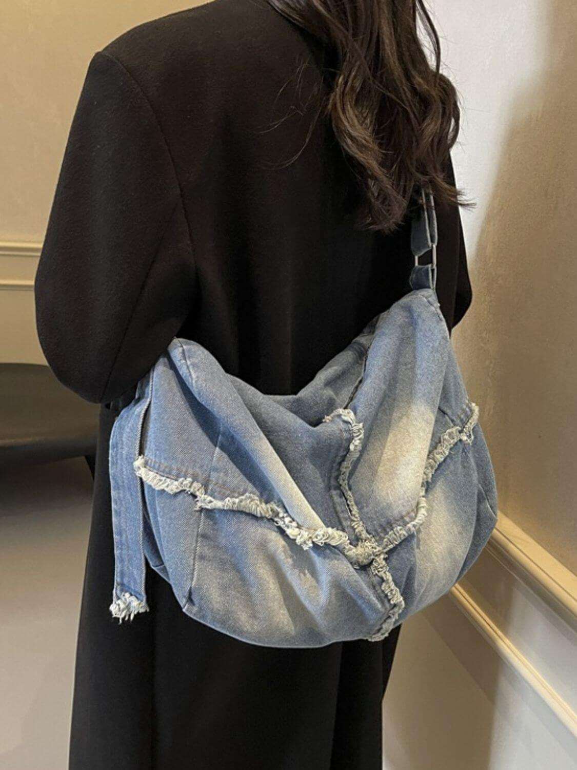 Raw Hem Gradient Crossbody Bag for women, large denim, chic and trendy style.