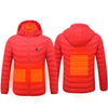 New heated coat in red with visible heating elements, featuring a detachable hood and lightweight design for winter warmth.