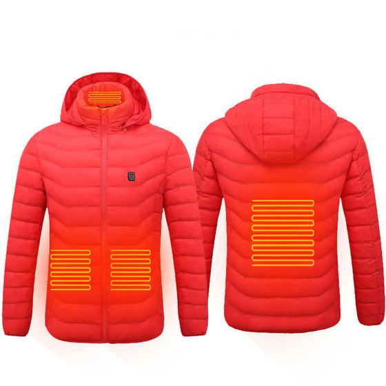 New heated coat in red with visible heating elements, featuring a detachable hood and lightweight design for winter warmth.