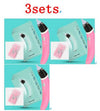 Three sets of Children's Nasal Aspirator in pink with packaging and accessories displayed against a mint green background.