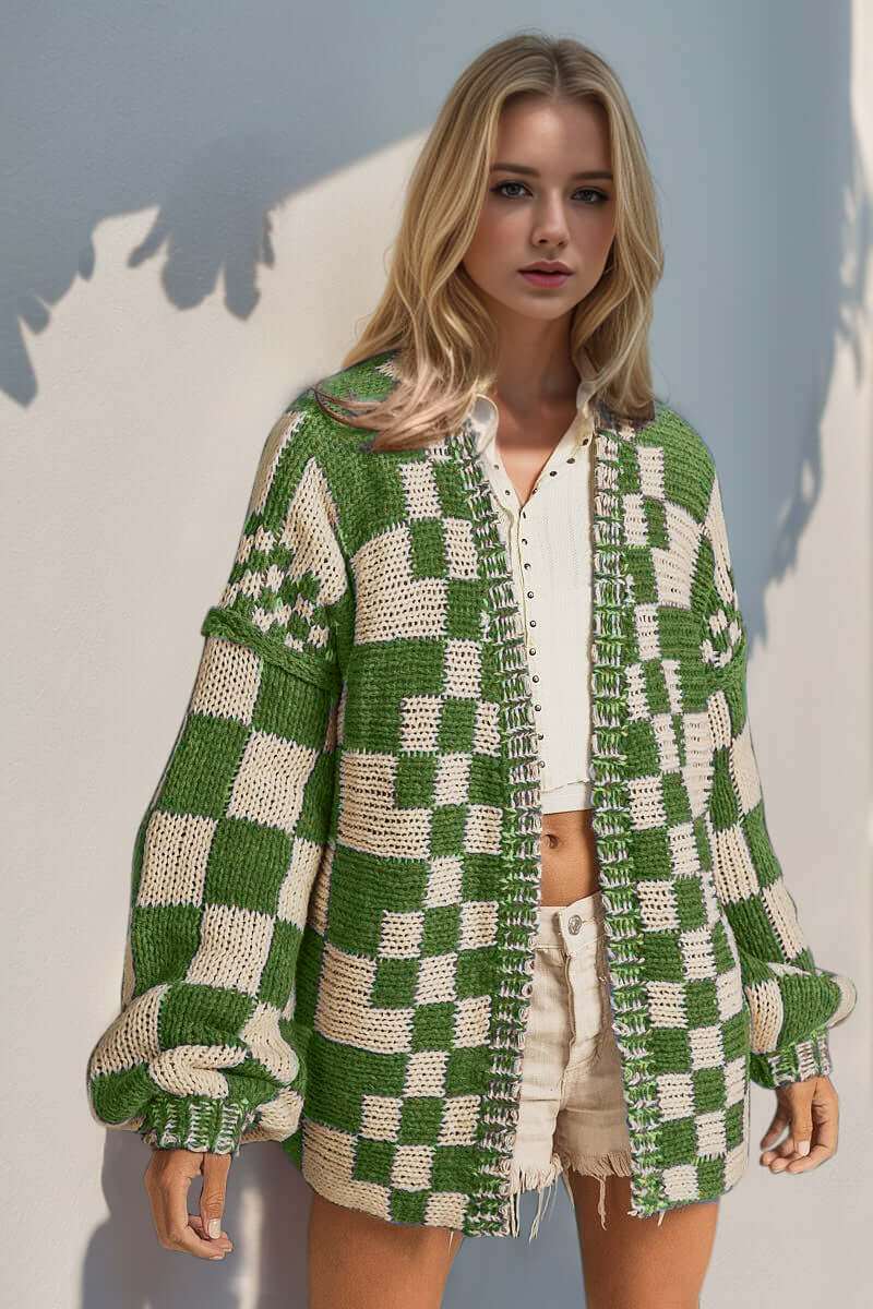 Full size open front checkered drop shoulder cardigan in green and white.