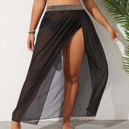 Plus size breathable mesh split beach skirt in solid color, XL-5XL.