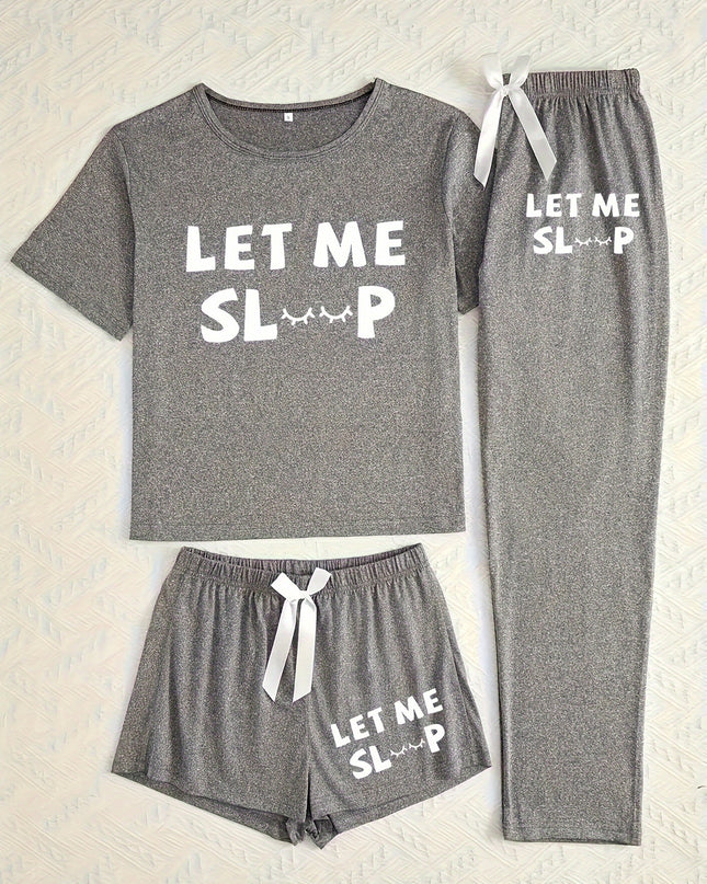 Women's Casual Letter Print Short Sleeve Long Pants Three Piece Pajama Set - Plush Fashion Shop