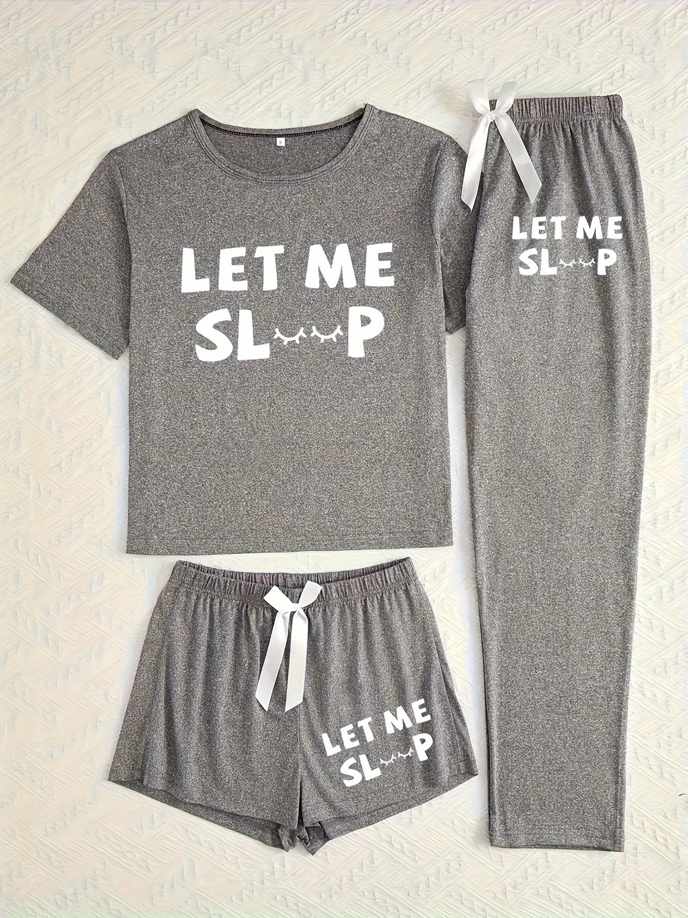 Women's Casual Letter Print Short Sleeve Long Pants Three Piece Pajama Set - Plush Fashion Shop