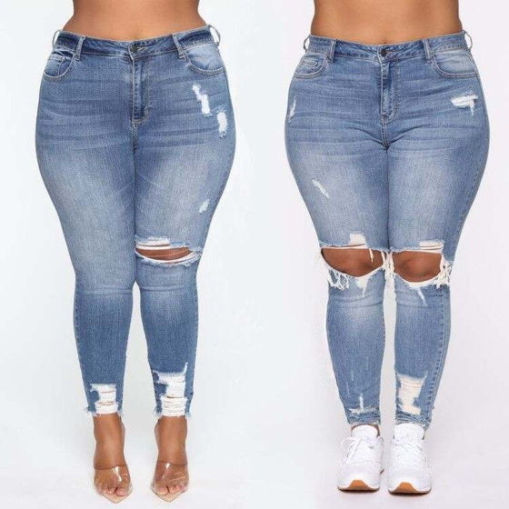 Plus size women's stretch ripped jeans, high-waisted, available in various colors.