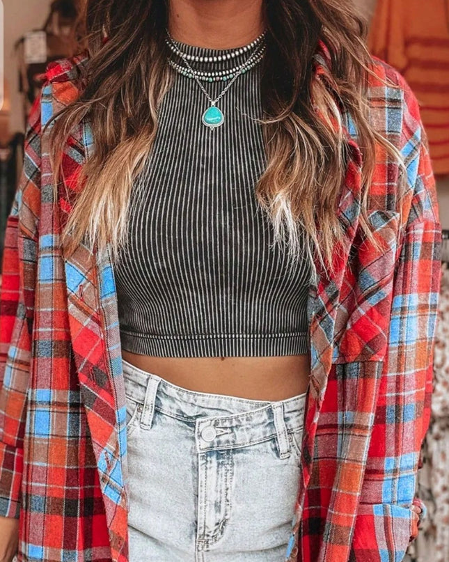 Plaid Collared Neck Long Sleeve Shirt