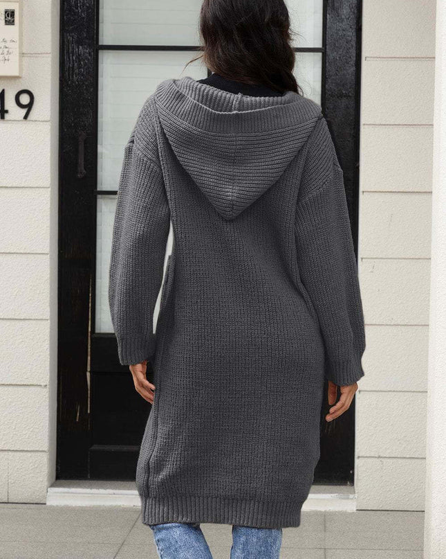 Button Up Long Sleeve Hooded Cardigan with Pockets - Plush Fashion Shop #