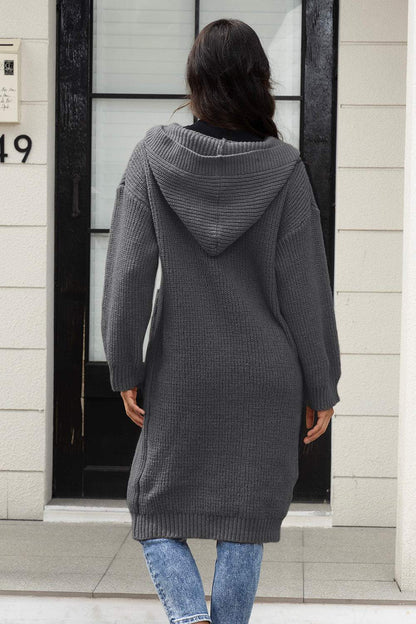 Button Up Long Sleeve Hooded Cardigan with Pockets - Plush Fashion Shop #