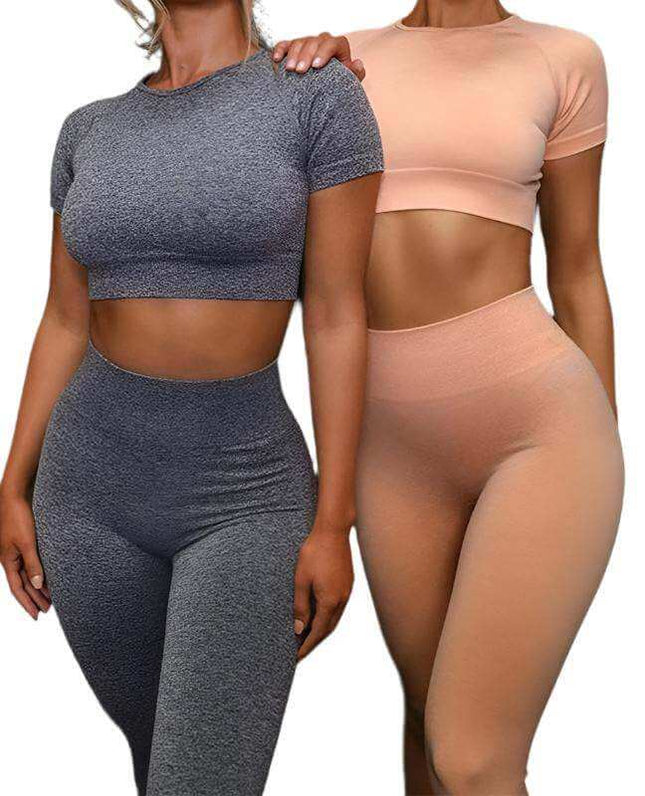 Seamless yoga sport fitness women leggings and short sleeve tops in multiple colors, perfect for comfort and style during workouts.