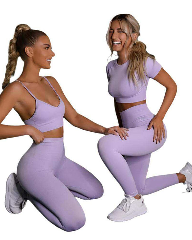 Seamless yoga sport fitness women leggings and short sleeve tops in purple.