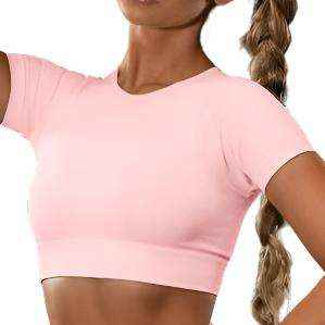 Seamless pink short sleeve yoga top for women.