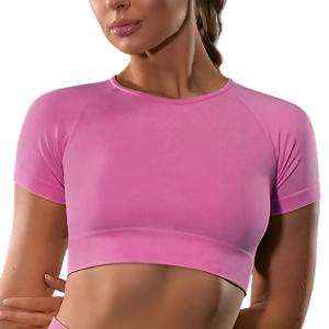 Seamless Yoga Sport Fitness Women Leggings and Short Sleeve Tops in pink.