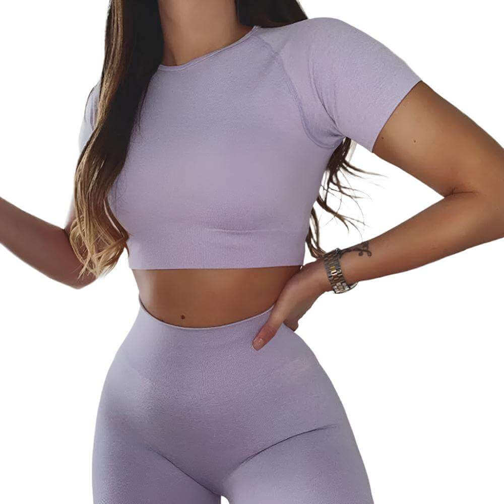 Seamless Yoga Sport Fitness Women Leggings and Short Sleeve Tops - Plush Fashion Shop #