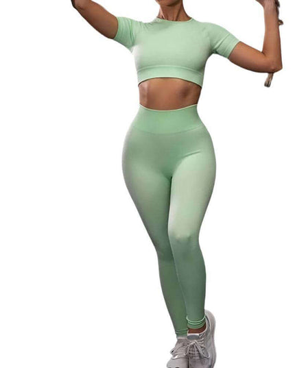 Seamless Yoga Sport Fitness Women Leggings and Short Sleeve Tops in light green color.