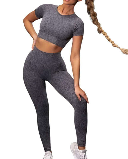 Seamless Yoga Sport Fitness Women Leggings and Short Sleeve Top in Gray, comfortable workout wear.