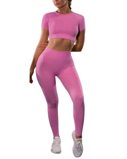 Seamless yoga sport fitness women leggings and short sleeve top in pink.