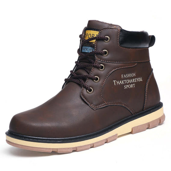 Fashion military high-top tooling boots for men in brown with waterproof and warm design, featuring car suture detailing.