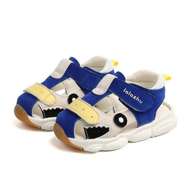 Lala Pig Summer Baby Soft-Soled Toddler Shoes for Boys with Velcro straps, blue and beige design.