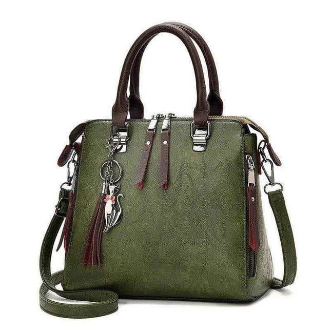 Luxury ladies hand bags, stylish green crossbody bag with brown handles, zipper opening, and spacious design.