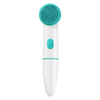 Electric Silicone Facial Cleanser with 360° cleaning, waterproof, adjustable settings in white and teal.