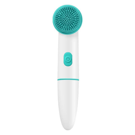 Electric Silicone Facial Cleanser with 360° cleaning, waterproof, adjustable settings in white and teal.