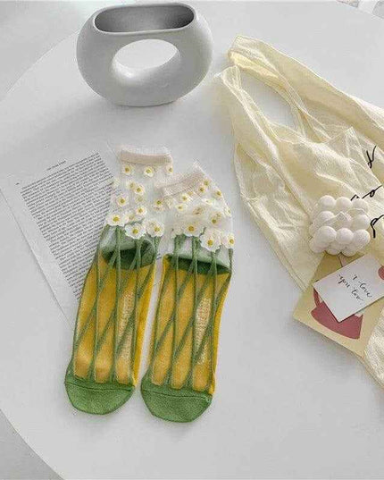 Retro Personality Socks with bright colors and breathable glass silk design on a white surface.