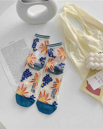 Retro Personality breathable glass silk socks in bright colors with a fun dot pattern on a white background.