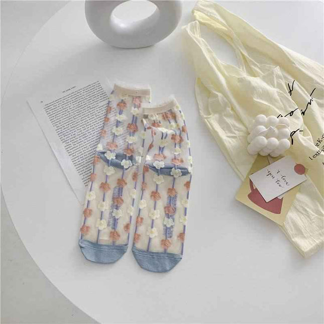 Retro Personality Breathable Glass Silk Bright Color Socks with Dot Pattern for Youth